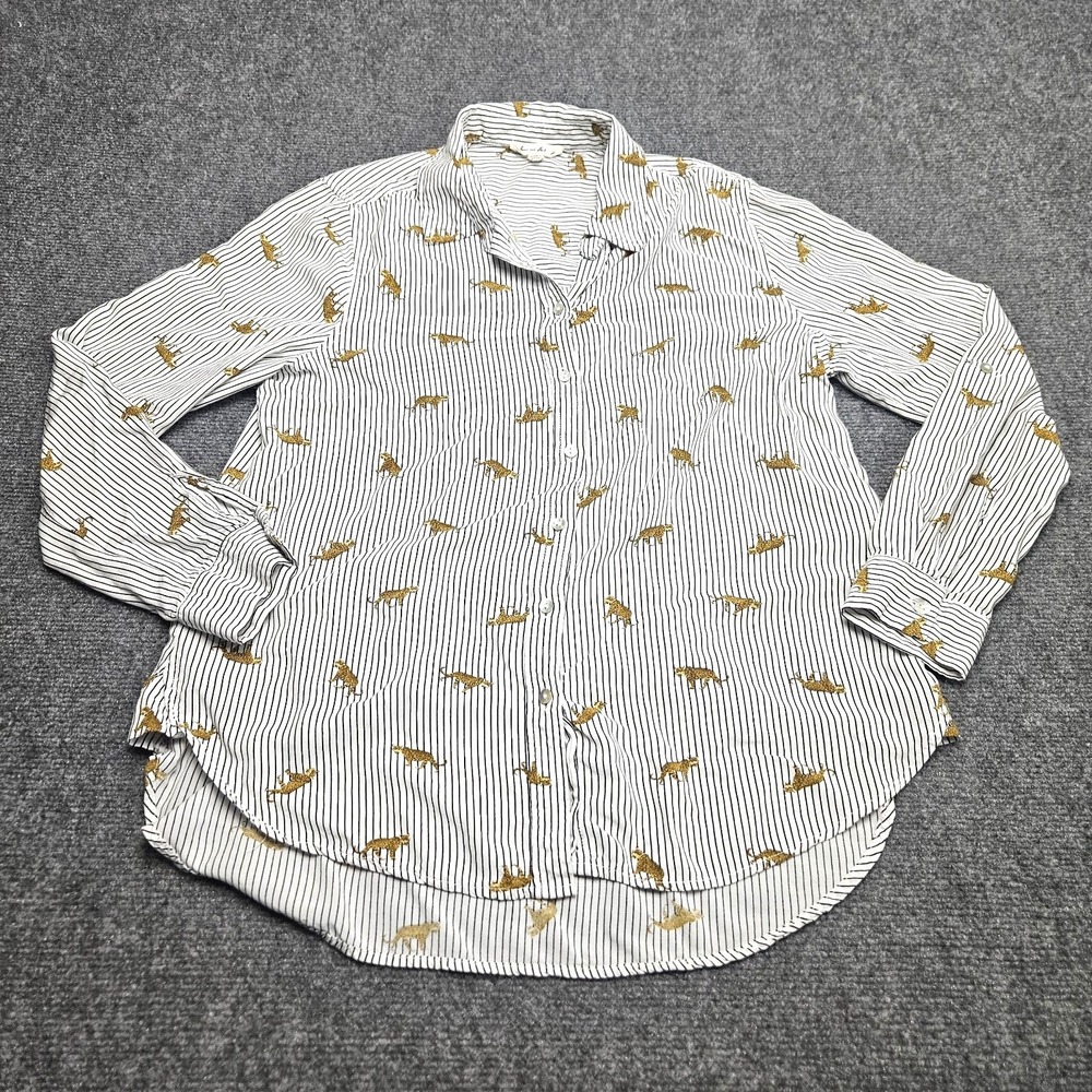 Jane and Delaney Roll Tab Button Up Shirt Womens M White Striped Leopard Print